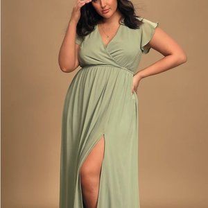 Lulus Lost In The Moment Sage Brush Maxi Dress Leg Split Cap Flutter Sleeve 1XL